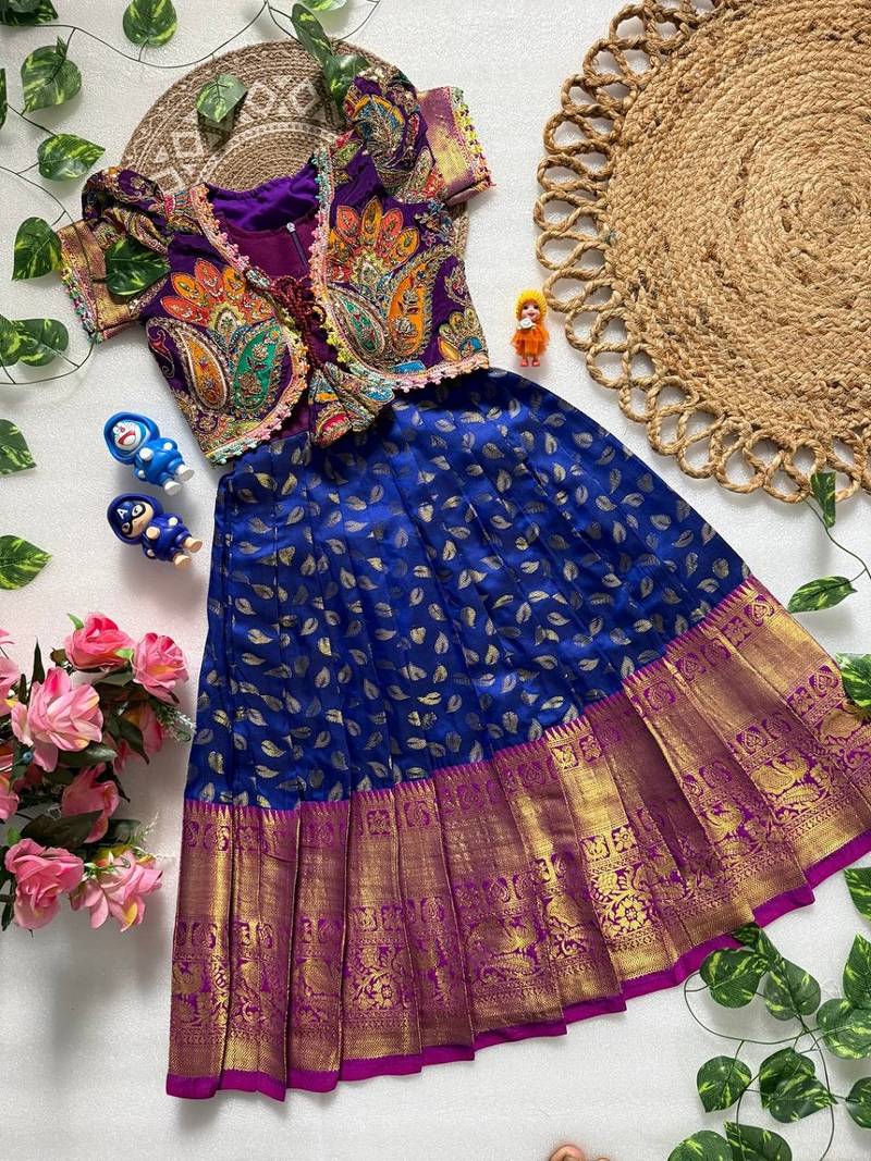 Jacquard fabric with weaving zari border kids gown with koti