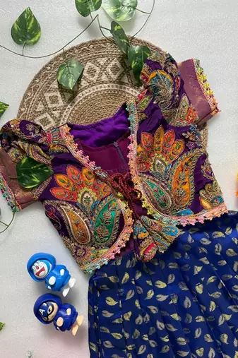 Jacquard fabric with weaving zari border kids gown with koti