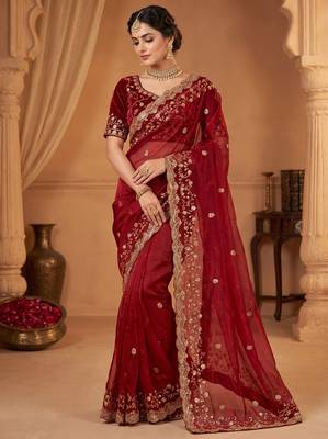 New Pure Fandi Satin SEQUENCE Work Maroon Color Saree With Blouse Set For Women's 1