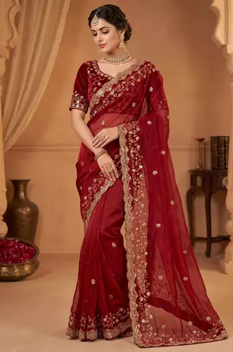New Pure Fandi Satin SEQUENCE Work Maroon Color Saree With Blouse Set For Women's