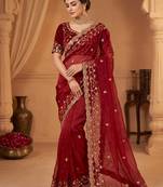 New Pure Fandi Satin SEQUENCE Work Maroon Color Saree With Blouse Set For Women's