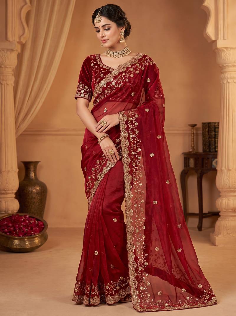 New Pure Fandi Satin SEQUENCE Work Maroon Color Saree With Blouse Set For Women's