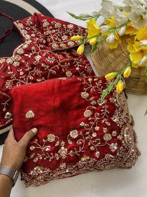 New Pure Fandi Satin SEQUENCE Work Maroon Color Saree With Blouse Set For Women's 2