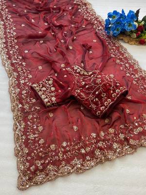 New Pure Fandi Satin SEQUENCE Work Maroon Color Saree With Blouse Set For Women's 3