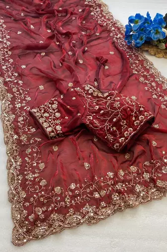 New Pure Fandi Satin SEQUENCE Work Maroon Color Saree With Blouse Set For Women's