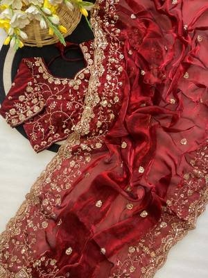 New Pure Fandi Satin SEQUENCE Work Maroon Color Saree With Blouse Set For Women's 4