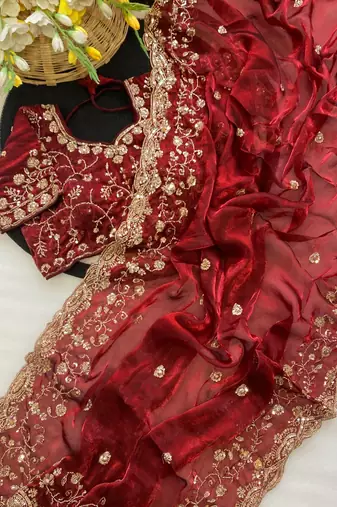New Pure Fandi Satin SEQUENCE Work Maroon Color Saree With Blouse Set For Women's