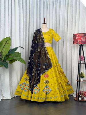 Women's Mustard Yellow Navratri Lehenga Choli with Black  Dupatta- Full stitched free size 2