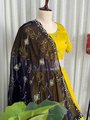 Women's Mustard Yellow Navratri Lehenga Choli with Black  Dupatta- Full stitched free size 3