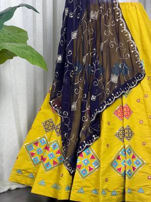 Women's Mustard Yellow Navratri Lehenga Choli with Black  Dupatta- Full stitched free size 4