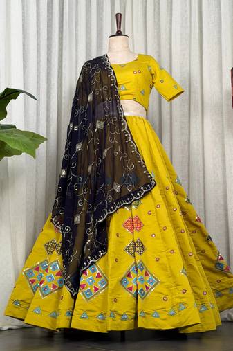Women's Mustard Yellow Navratri Lehenga Choli with Black  Dupatta- Full stitched free size