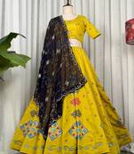 Women's Mustard Yellow Navratri Lehenga Choli with Black  Dupatta- Full stitched free size