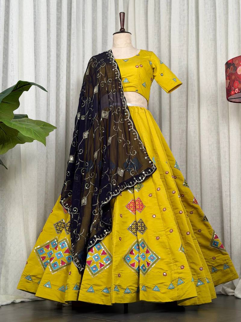 Women's Mustard Yellow Navratri Lehenga Choli with Black  Dupatta- Full stitched free size