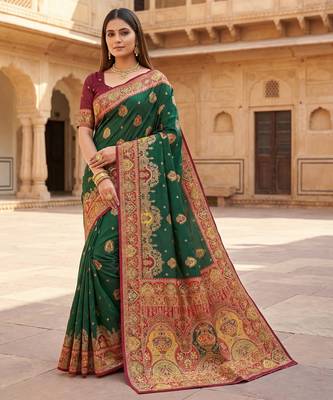 Green pashmina paithani silk saree with beautifully multicolor border and pallu 1