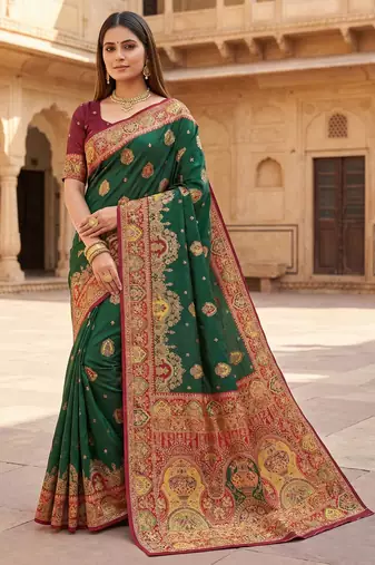 Green pashmina paithani silk saree with beautifully multicolor border and pallu