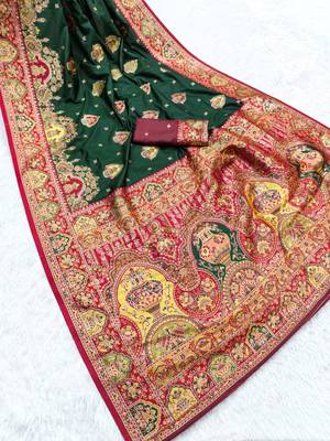 Green pashmina paithani silk saree with beautifully multicolor border and pallu 2