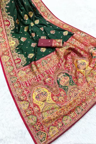 Green pashmina paithani silk saree with beautifully multicolor border and pallu