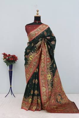 Green pashmina paithani silk saree with beautifully multicolor border and pallu 3