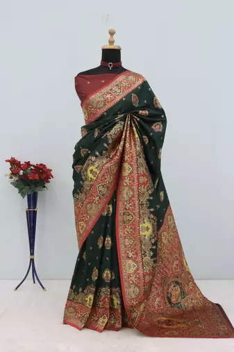 Green pashmina paithani silk saree with beautifully multicolor border and pallu