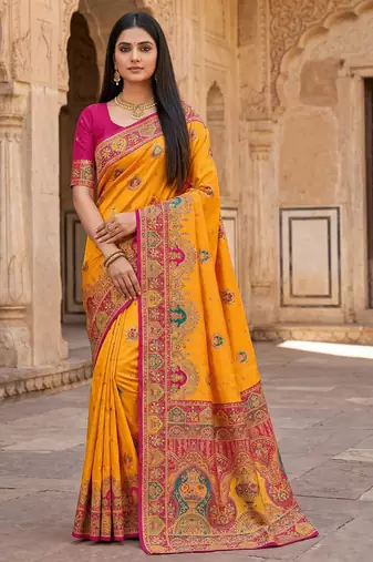 Yellow  pashmina paithani silk saree with beautifully multicolor border and pallu