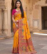 Yellow  pashmina paithani silk saree with beautifully multicolor border and pallu
