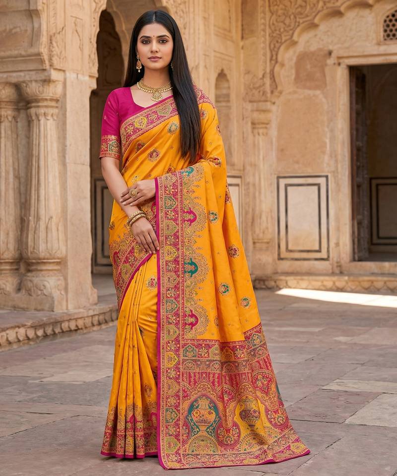 Yellow  pashmina paithani silk saree with beautifully multicolor border and pallu