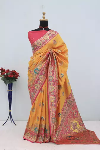 Yellow  pashmina paithani silk saree with beautifully multicolor border and pallu