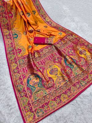Yellow  pashmina paithani silk saree with beautifully multicolor border and pallu 3