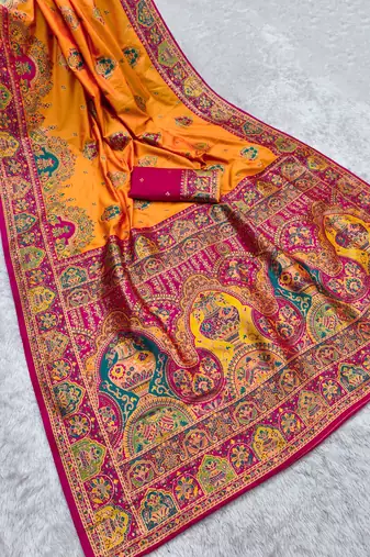 Yellow  pashmina paithani silk saree with beautifully multicolor border and pallu