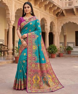 Sky blue pashmina paithani silk saree with beautifully multicolor border and pallu 1