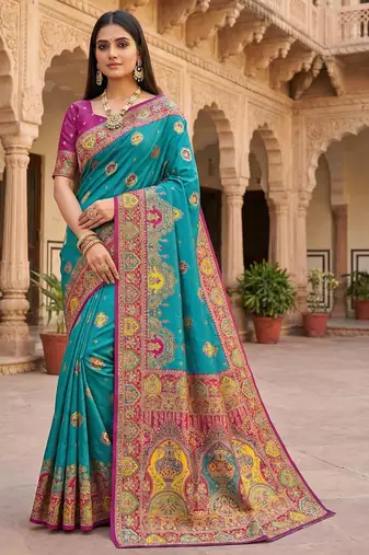 Sky blue pashmina paithani silk saree with beautifully multicolor border and pallu