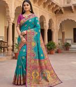 Sky blue pashmina paithani silk saree with beautifully multicolor border and pallu