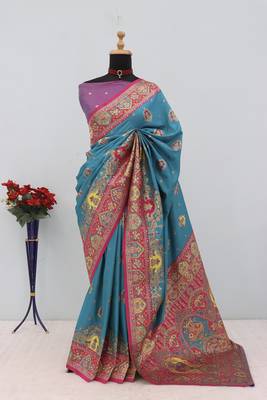 Sky blue pashmina paithani silk saree with beautifully multicolor border and pallu 2