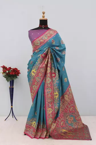 Sky blue pashmina paithani silk saree with beautifully multicolor border and pallu