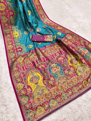 Sky blue pashmina paithani silk saree with beautifully multicolor border and pallu 3