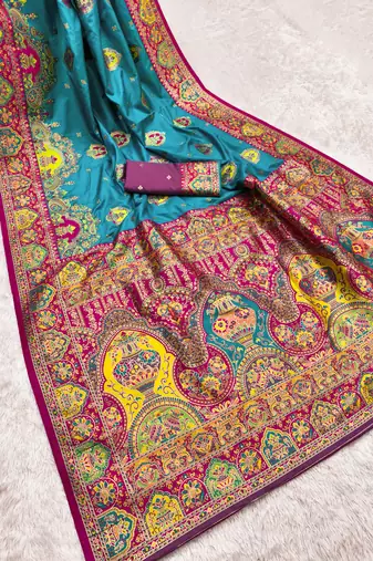 Sky blue pashmina paithani silk saree with beautifully multicolor border and pallu