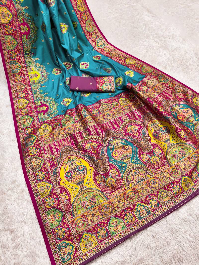 Sky blue pashmina paithani silk saree with beautifully multicolor border and pallu