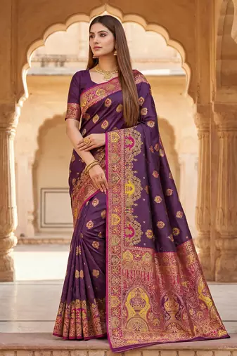 Wine pashmina paithani silk saree with beautifully multicolor border and pallu