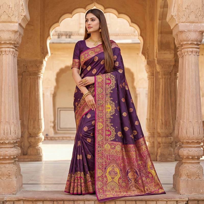 Wine pashmina paithani silk saree with beautifully multicolor border and pallu