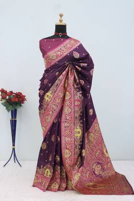 Wine pashmina paithani silk saree with beautifully multicolor border and pallu 2