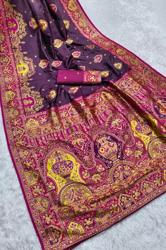 Wine pashmina paithani silk saree with beautifully multicolor border and pallu
