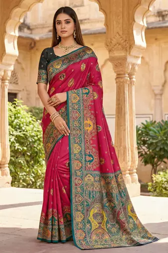 Pink pashmina paithani silk saree with beautifully multicolor border and pallu