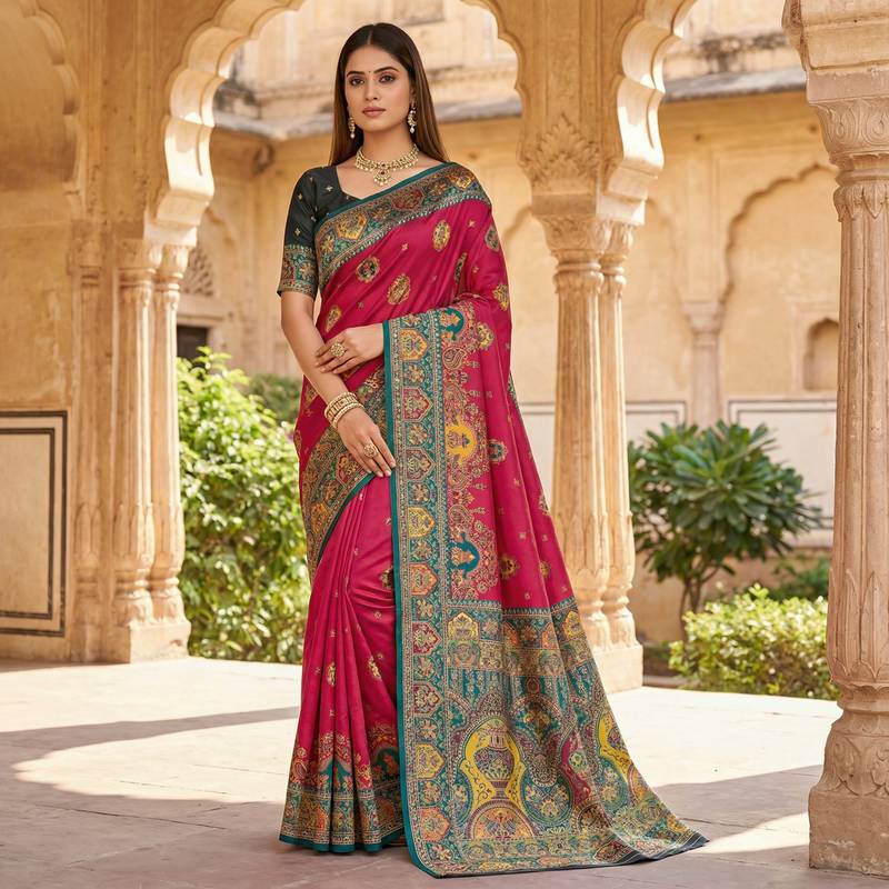 Pink pashmina paithani silk saree with beautifully multicolor border and pallu