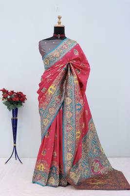 Pink pashmina paithani silk saree with beautifully multicolor border and pallu 2