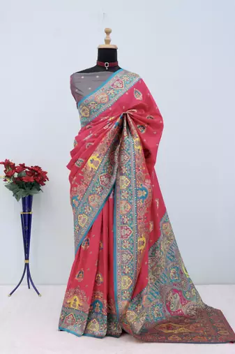 Pink pashmina paithani silk saree with beautifully multicolor border and pallu