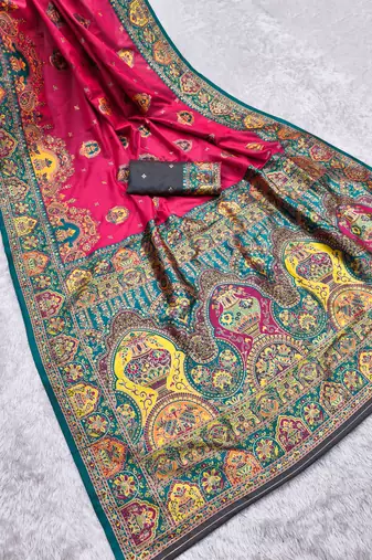 Pink pashmina paithani silk saree with beautifully multicolor border and pallu