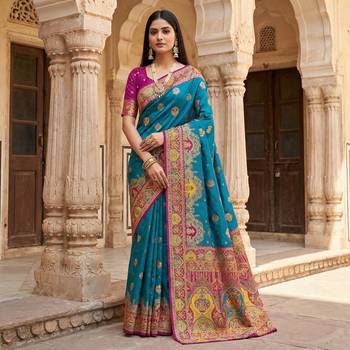 Teal pashmina paithani silk saree with beautifully multicolor border and pallu 1