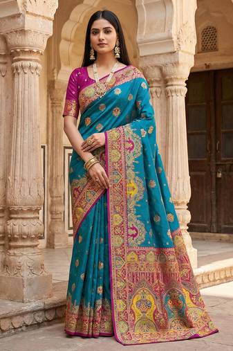Teal pashmina paithani silk saree with beautifully multicolor border and pallu