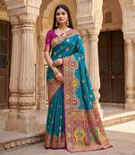 Teal pashmina paithani silk saree with beautifully multicolor border and pallu