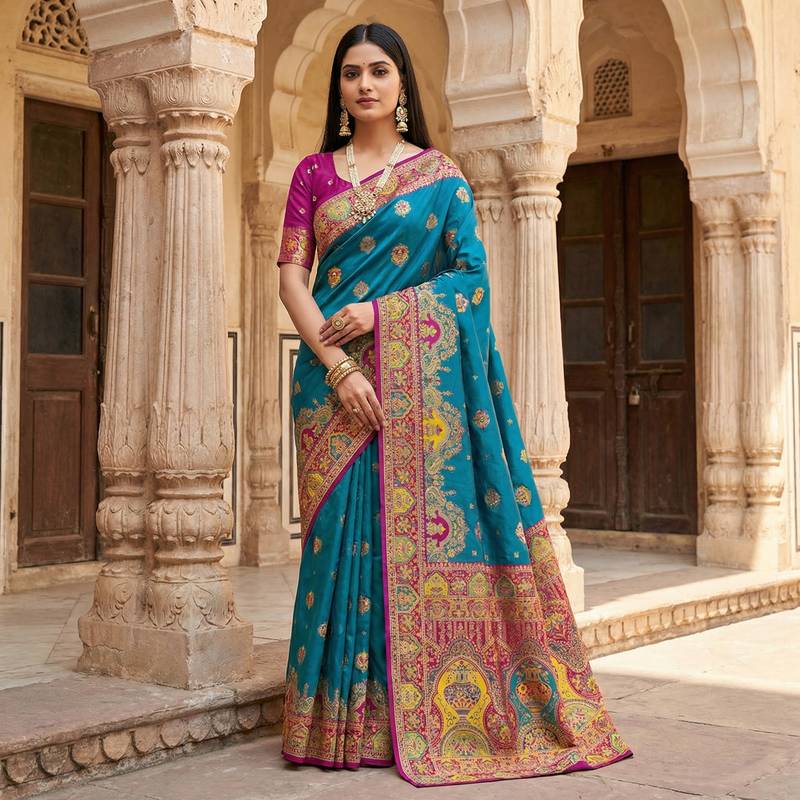 Teal pashmina paithani silk saree with beautifully multicolor border and pallu